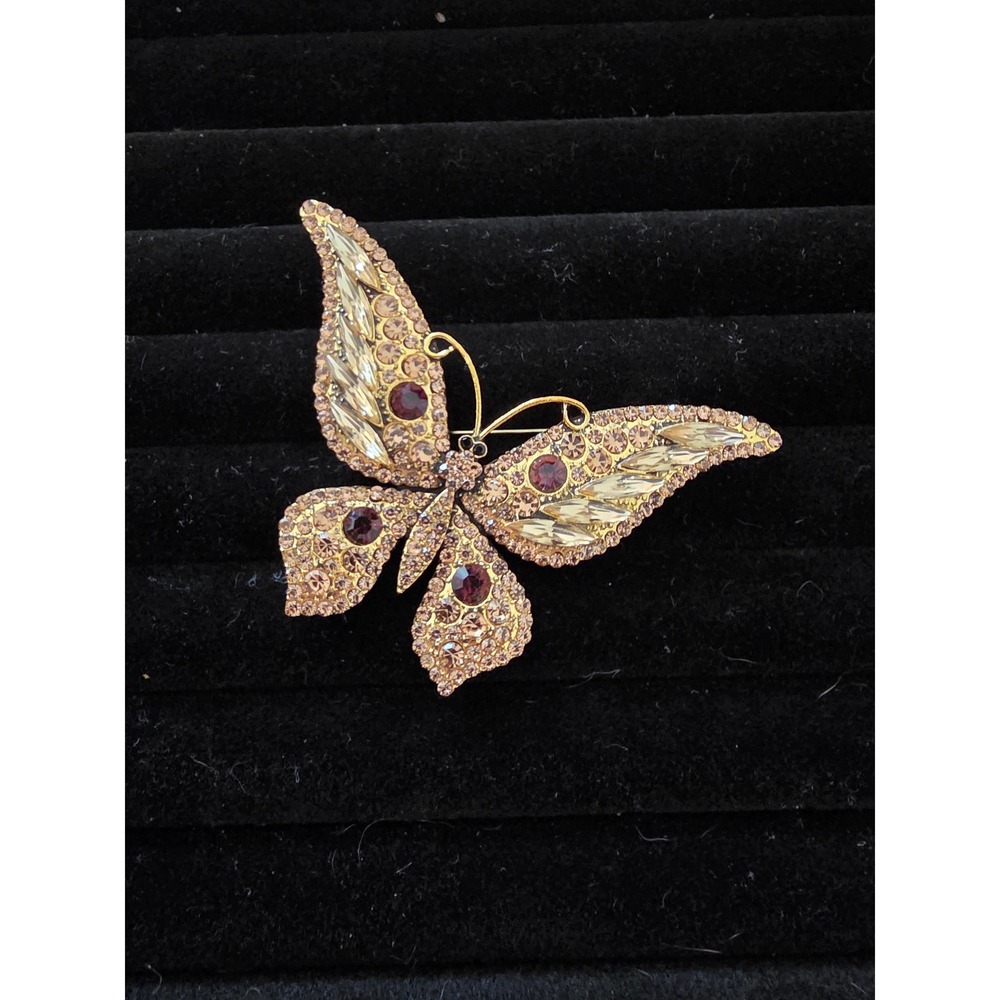 Vintage Gold Tone Butterfly Brooch Champagne Amber Rhinestone Crystal Pin